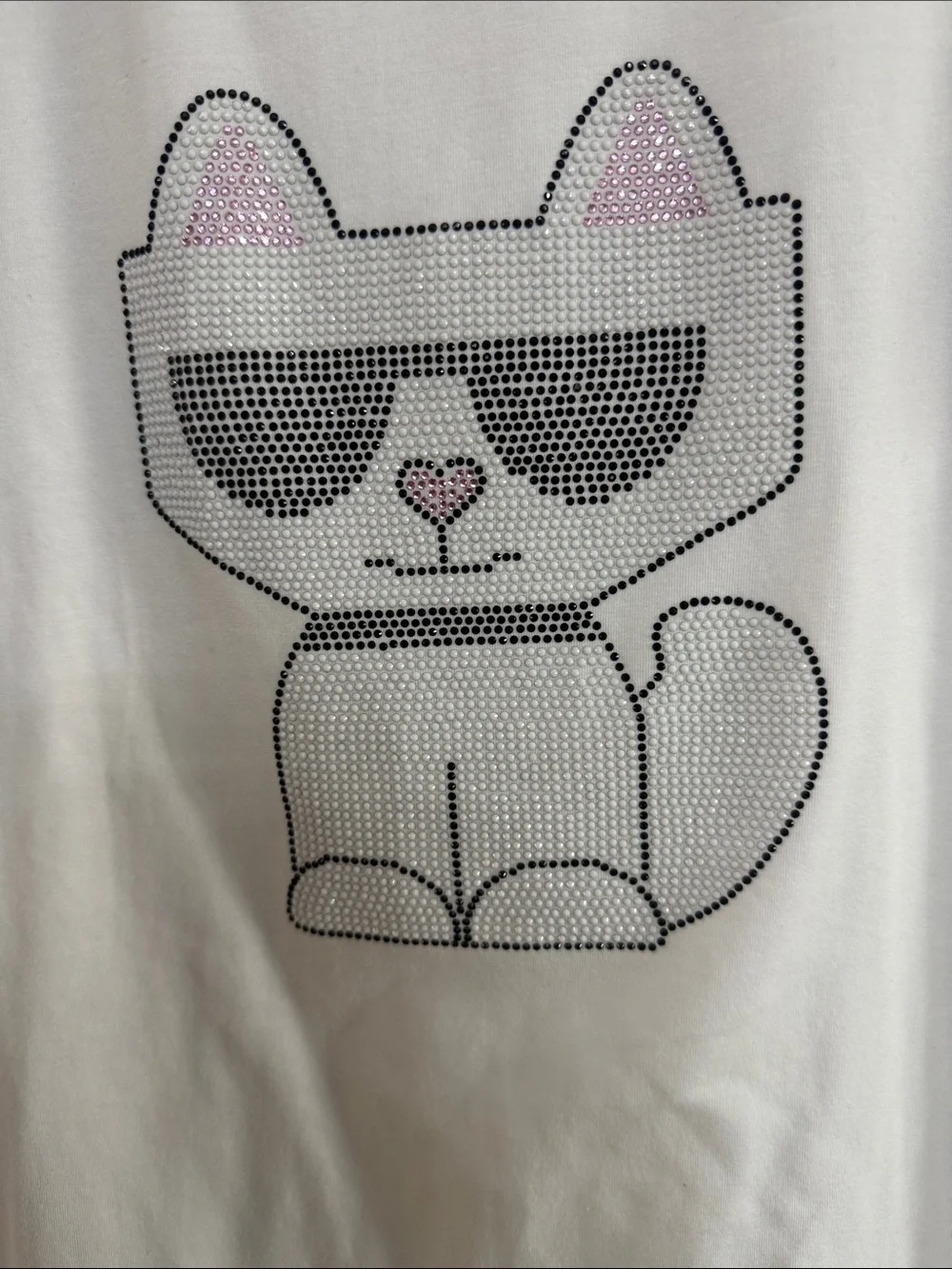 Karl Lagerfeld White Tee with Studded Cat Graphic and Pink Accents